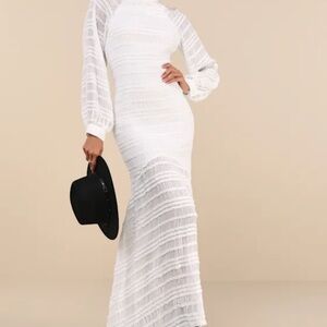 Lulu's Exemplary Romance White Textured Backless Trumpet Hem Maxi Dress